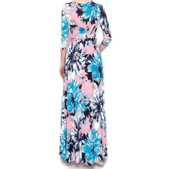 Janette Fashion Pink and Blue Blossom Floral Faux Wrap Maxi Dress - Picture 3 of 4